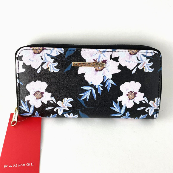 Rampage Floral Zip Around Wallet Clutch Black Blush Flowers Cottagecore NWT - Picture 1 of 3
